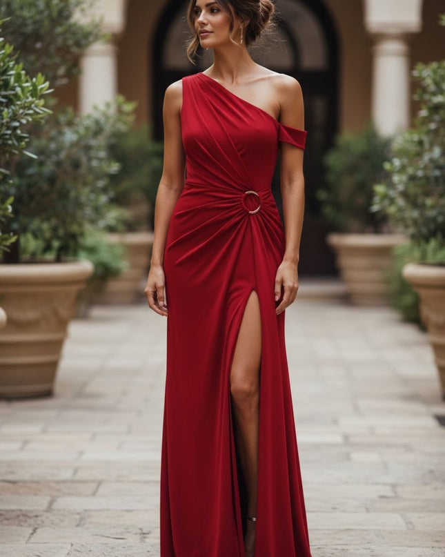 Elegant Oblique Shoulder twist knot with gold buckle dress