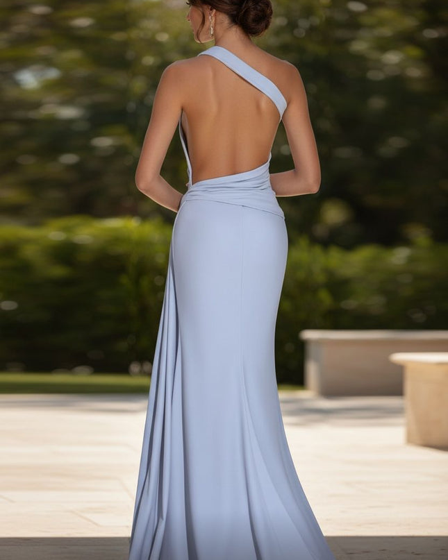 Elegant Off Shoulder Silver-gray Ice Silk open Back Dress