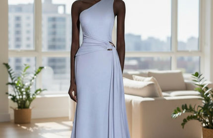 Elegant Off Shoulder Silver-gray Ice Silk open Back Dress