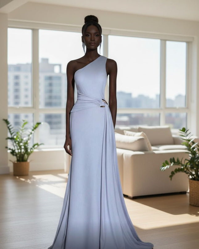 Elegant Off Shoulder Silver-gray Ice Silk open Back Dress