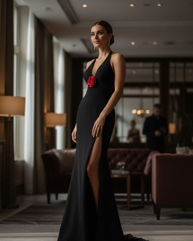 Elegant 3D Rose Back Dress