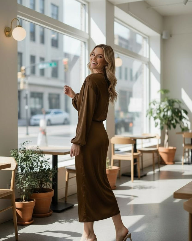 Satin Elegant Dress one-shoulder long sleeve midi gown.