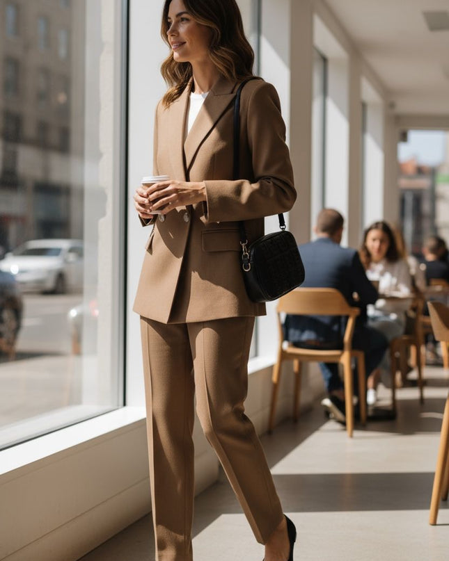 Luxe Power suit, Women's Double-Breasted Blazer & Tailored Pants Set