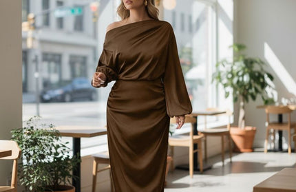 Satin Elegant Dress one-shoulder long sleeve midi gown.