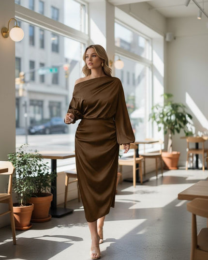 Satin Elegant Dress one-shoulder long sleeve midi gown.