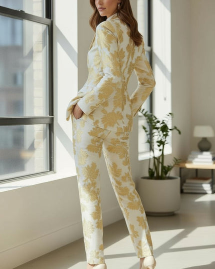 Gold Floral jacket suit.