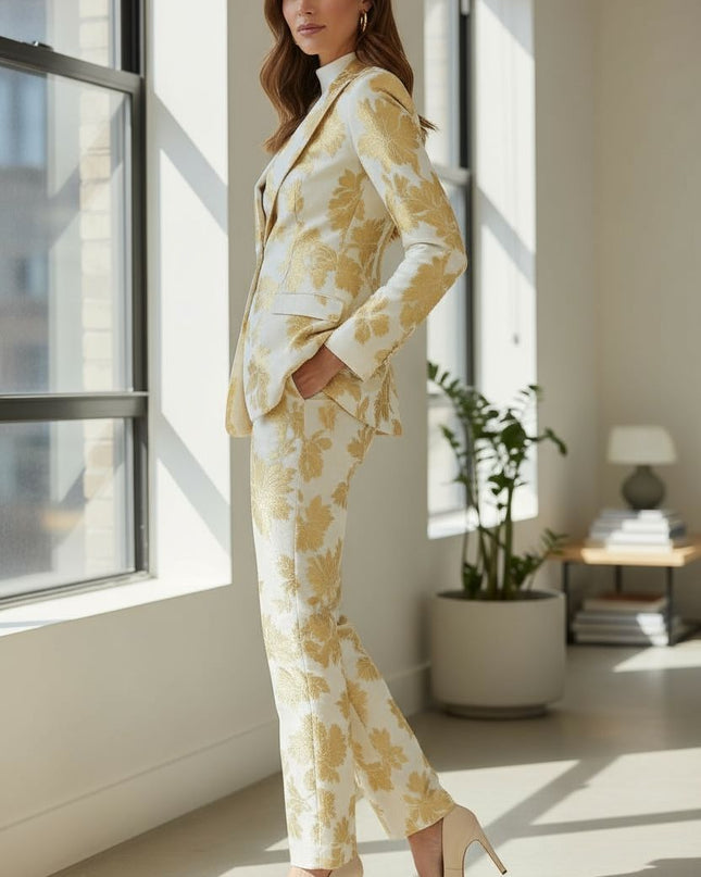 Gold Floral jacket suit.