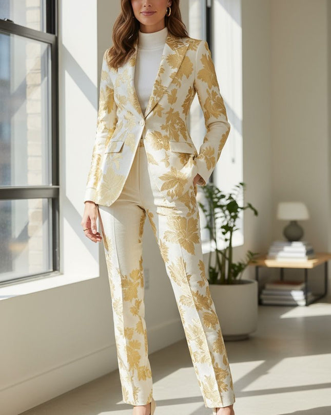 Gold Floral jacket suit.