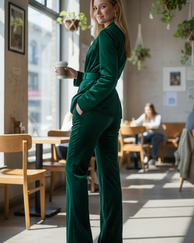 Emerald Velvet Power suit, Women's Belted Blazer & Wide-leg Pants set