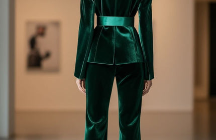 Emerald Velvet Power suit, Women's Belted Blazer & Wide-leg Pants set