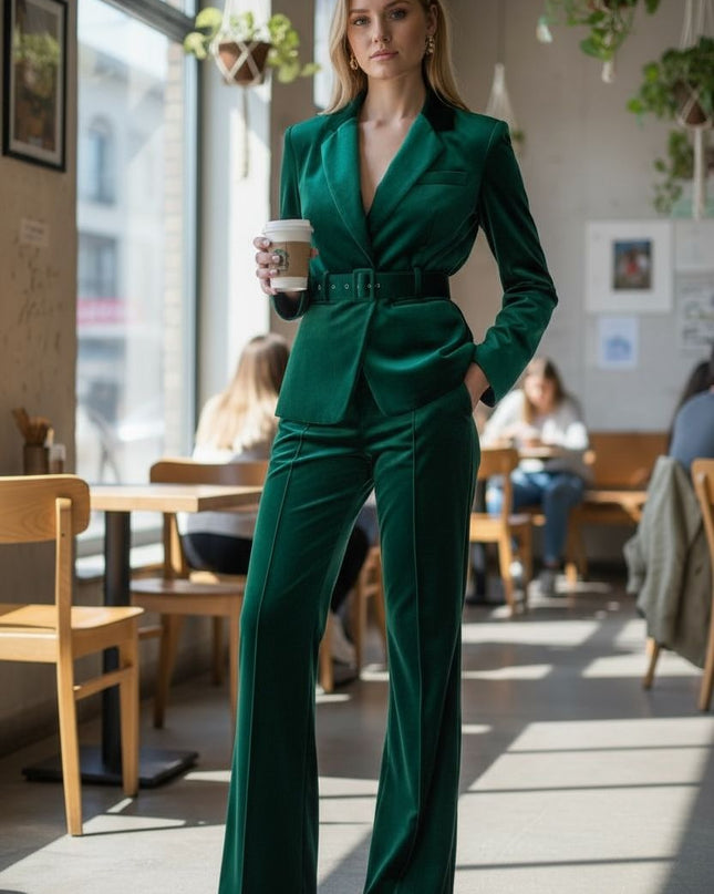Emerald Velvet Power suit, Women's Belted Blazer & Wide-leg Pants set