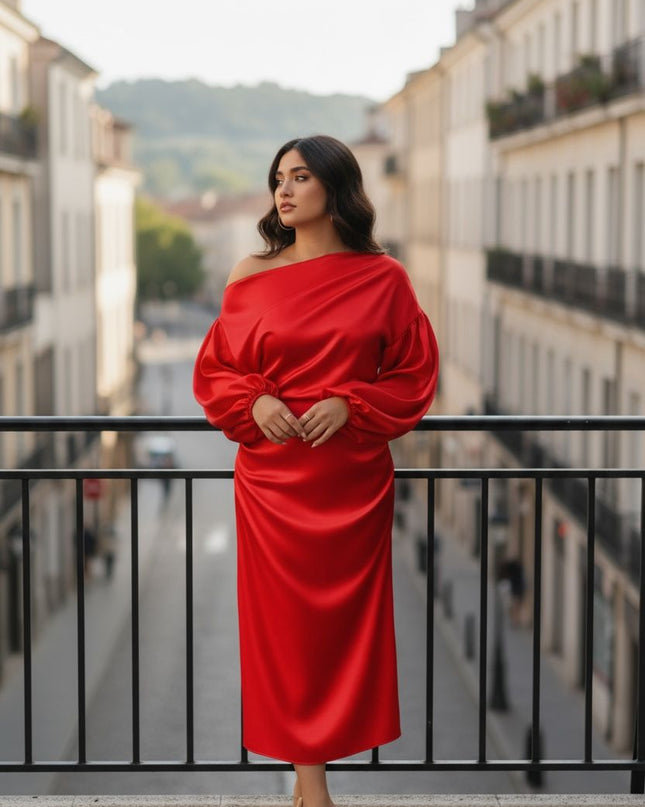 Satin Elegant Dress one-shoulder long sleeve midi gown.