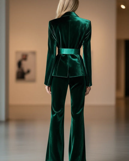 Emerald Velvet Power suit, Women's Belted Blazer & Wide-leg Pants set