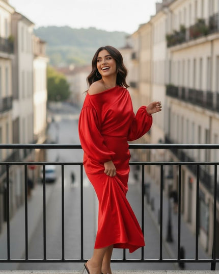 Satin Elegant Dress one-shoulder long sleeve midi gown.